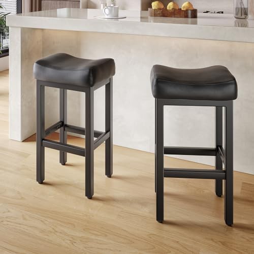29 Inch Bar Height Bar Stools Set of 2, 29" Barstools for Kitchen Island Counter, Backless Bonded Leather Bar Height Stools with Thick Saddle Seats & Heavy Duty Metal Base, Easy Assembly, All Black