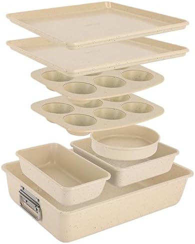 NutriChef 8-Piece Stackable Bakeware Set | Carbon Steel Non-Stick Baking Pan Set | Includes Sheet, Muffin, Round, Loaf, Square Cake & Deep Pans | No PFOA & PFOS | Oven Safe to 450 F (Marble Cream)