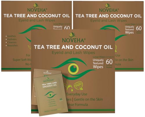 NOVEHA Tea Tree & Coconut Oil Eyelid & Lash Wipes | For Demodex, Blepharitis & Itchy Eyes - Effective Eyelash Wipes With Aloe Vera, Natural Makeup Remover & Daily Eye Cleanser - 60PCS (Pack of 3)