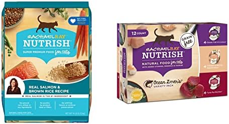 Rachael Ray Nutrish Salmon & Brown Rice 14 Pounds Dry Cat Food + Ocean Lovers Variety Pack 2.8 Ounce (Pack of 12) Wet Cat Food Bundle