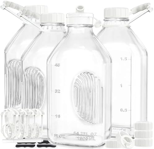 Syntic 4 Pack 2 Qt Glass Milk Bottles with Handle and Airtight Reusable Screw Lids, 1/2 Gal Glass Water & Juice Bottles, 64 Oz Milk Jug Pitcher w Scale