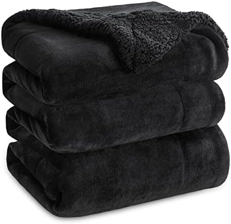Bedsure Sherpa Fleece Blankets Queen Size for Bed - Thick and Warm, Soft Fuzzy Plush Queen Blanket for Winter, Black, 90x90 Inches