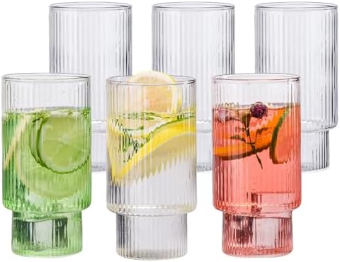 Ribbed Drinking Glasses Set of 6, 14oz Water Glasses,Vintage Glass Cups,Clear Glass Tumbler,Ribbed Glassware for Cocktail,Iced Coffee,Juice,Mojito,Decor,Gifts