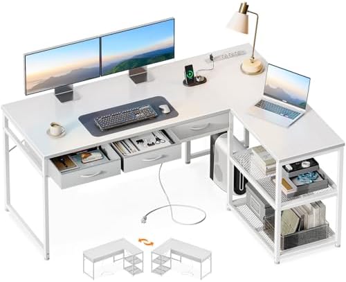 AODK 53 Inch L Shaped Computer Desk with Drawers, Corner Desk with Power Outlets & Reversible Storage Shelves, Movable CPU Stand for Home Office Gaming, White