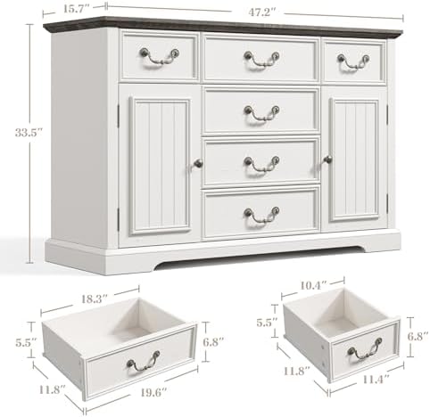 EnHomee White Dresser for Bedroom with 6 Drawer & 2 Doors,Wood Dressers & Chests of Drawers,Farmhouse TV Stand,Entryway,Antique White