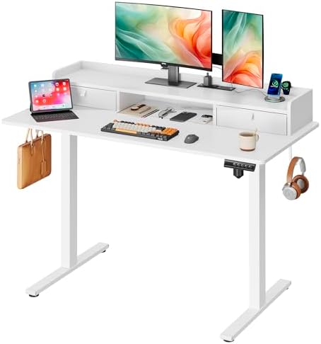 DEVAISE 48×24 Inch Electric Standing Desk with Drawers, Computer Desk with 3 Adjustable Height, Storage Shelf, Built-in AC & USB Outlets and Memory Preset, Sit to Stand Desk for Home Office, White