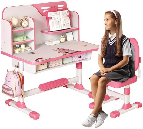 Kids Desk and Chair Set, Height Adjustable Pink Desks for Kids, Kid Desk with Storage,Toddler Table Study Table with Bookshelf and Drawer, for Boys and Girls (Pink-a)
