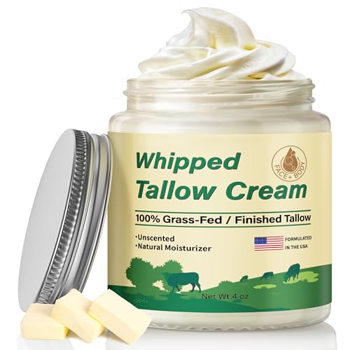 Beef Tallow for Skin, Organic Grass Fed Whipped Beef Tallow Moisturizer Deeply Nourishing for Face & Body, Natural Unscented Tallow Face Moisturizer Smooth Soft for Dry Skin, 4oz