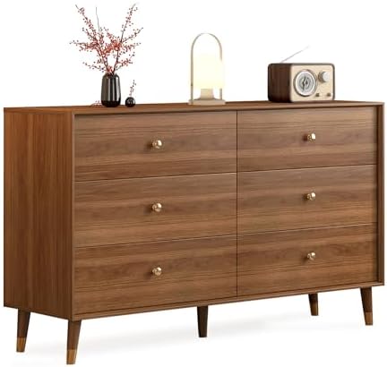 Dresser for Bedroom, Mid Century Modern 6-Drawer Solid Wood Chest, 47 Inch Walnut Finish, Heavy-Duty Drawer Glides, Storage Cabinet for Living Room, TV Stand (Brown, 47.2)