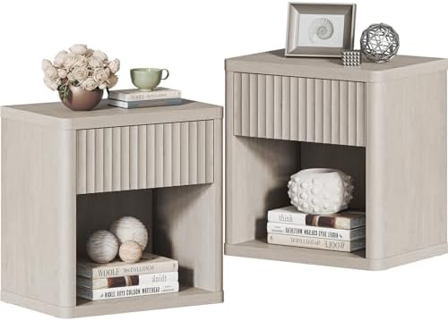 SICOTAS Night Stand Set of 2 Nightstands with Drawer Storage Fluted Bed Side Table End Table Large Modern Wide Bedside Stand Mid Century Night Stands for Bedroom Living Room Sofa Office, White Alder