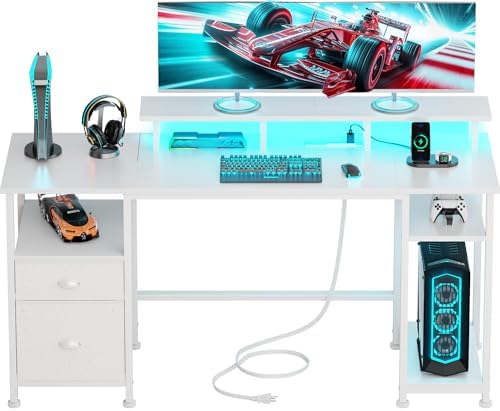 Furologee 61" Computer Desk with Power Outlet and LED Lights, Reversible Gaming Desk with File Cabinet & Monitor Stand for Home Office, Large Work Table with Storage Shelves & Drawer, White