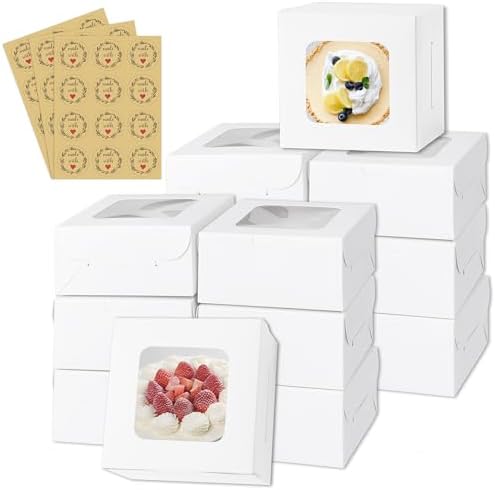 50pcs White Cake Boxes with Window,5x5x2.5 Inches Small Bakery,Treat,Pastry,Cookie,Dessert Boxes,Macaroon,Donut,Candy,Christmas Gift Giving