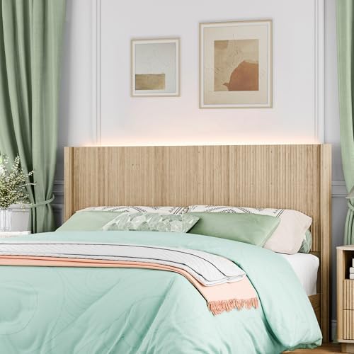 Queen Size Headboard Only, Modern Fluted Wall-Mounted Head Board with Lighting, Boho Wood Bed headboard Stylish Bedroom Decor, Natural
