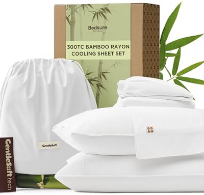 Bedsure Cooling Sheets, Rayon Derived from Bamboo & Cotton Blend, GentleSoft, Breathable, Queen Sheet Set, Deep Pocket Up to 18 Inches, Hotel Luxury Bedding for Hot Sleepers, White