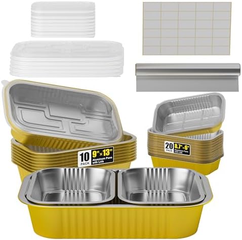 30Pack Aluminum Pans with Lids Kit-10Pack (9x13) Half Size Oven Steam Table Tin Foil Pans Collocation 20Pack (8.7*6) Disposable Baking Pan Chafing Trays with 33ft Aluminum Foil and 30 Label Stickers