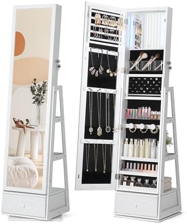 Nicetree 360° Rotating Jewelry Cabinet with Lights - Full-Length Mirror Jewelry Armoire Organizer with Touch Screen Vanity Mirror, Storage Drawers & Shelves for Necklaces, Earrings, White