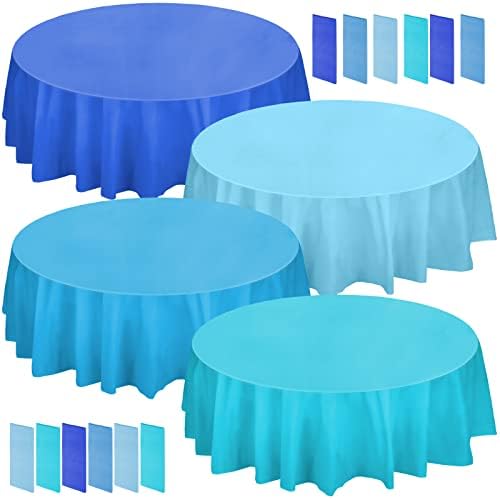 Frienda 12 Pack Blue Round Tablecloth 84 Inch Plastic Tablecloths Disposable Plastic Cloths for Birthday, Weddings, Party, Fiesta Party, Event, Photography, Table Cover