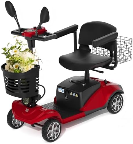 Foldable Mobility Scooters for Seniors, 4 Wheels Electric Mobility Scooter for Adults W/Removable Battery, Removable Basket, LED Headlights and Cup Holder, Charger Included - Red