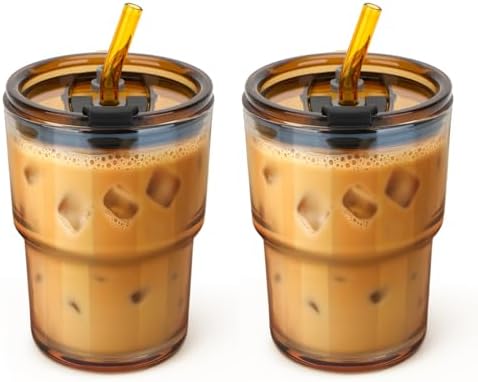 13 oz Glass Tumbler with Glass Straw and Lid, Leak-Proof Reusable Travel Cup for Iced Coffee, Tea, Matcha, Fruit Juice – Thick Wall Clear Water Bottle (Amber, 2 Pack)