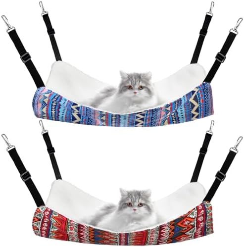 2 Pieces Reversible Cat Hanging Hammock Soft Breathable Pet Cage Hammock with Adjustable Straps and Metal Hooks Double Sided Hanging Bed for Small Dogs Rabbits(Ethnic Pattern,M)