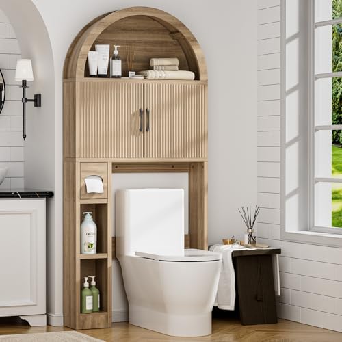Spurgehom Over The Toilet Storage Cabinet, Bathroom Shelf Organizer Freestanding, Bathroom Arch Cabinet Over Toilet with Toilet Paper Holder and Anti-Tipping Device, Wood