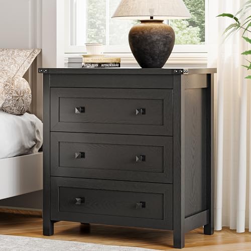 Dresser for Bedroom with 3 Drawers, 27.55" Wide Small Chests of Drawers, Farmhouse Wood Nightstand Bedside Cabinet End Table, Modern Closet Storage Organizer for Living Room, Entryway, Hallway, Black
