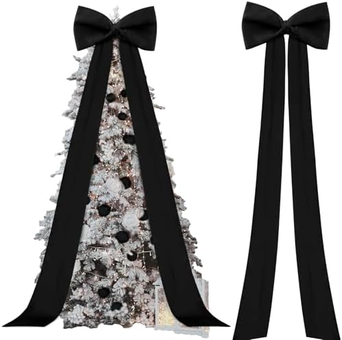 118x28 Inch Extra Large Christmas Tree Topper Bow Christmas Giant Satin Bow Decoration with Long Streamers Huge Oversized Topper Decor for Xmas Tree Holiday Party Door Wall(Black,Satin)