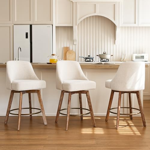 Mid Century Modern Counter Height Bar Stools Set of 3,360° Swivel Barstools with Solid Wood Legs,26'' Island Chairs with Wrap-Around Backrest,Beige Linen Comfort Fabric