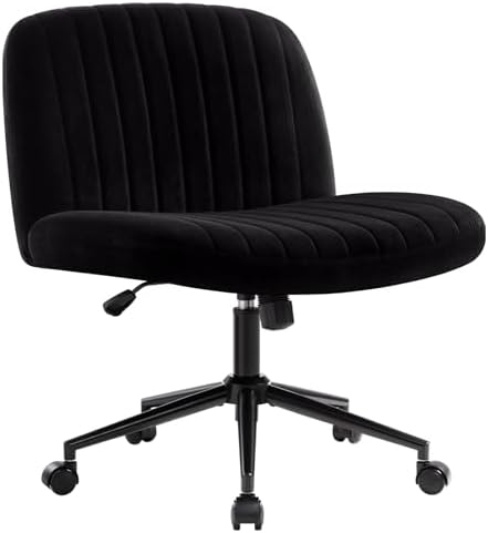 IWMH Armless Wide Seat Office Chair, Criss Cross Legged Desk Chair with Wheels, Height Adjustable Computer Task Chair,Wide Seat Swivel Vanity Chair for Home,Office,Bedroom, Make Up, Small Space,Black