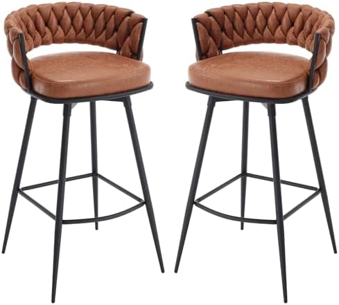 BV Counter Height Bar Stools Set of 2, 26 inch Seat Height Bar Stools, 180° Swivel Barstools with Woven Back and Footrest, Suede Fabric Counter Stools for Kitchen Island, Bar Pub
