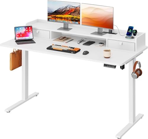 DEVAISE 55×28 Inch Electric Standing Desk with Drawers, Computer Desk with 3 Adjustable Height, Storage Shelf and Built-in USB Outlet, Memory Preset, Sit to Stand Desk for Home Office, White