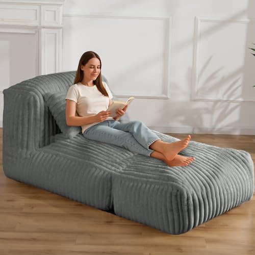 Giant Bean Bag Lounger Sofa with Pillow, Large Beanbag Chair for Adults, Oversized Comfy Beanbag Lazy Floor Sofa, Bean Bag Couch with Memory Foam Filled for Living Room, Bedroom, Gray