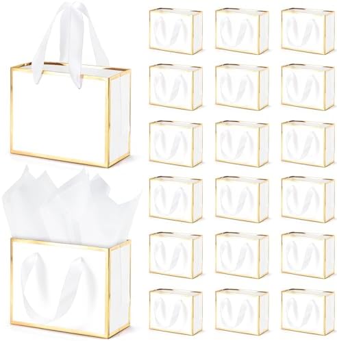 EQOREIIN 30 Pcs Small Metallic Foil Gift Bags with Handles, White Gold Thank You Favor Bag with Tissue Paper for Back to School Baby Shower Wedding Mother's Day Christmas Party (6.4x3.1x5.1 Inch)