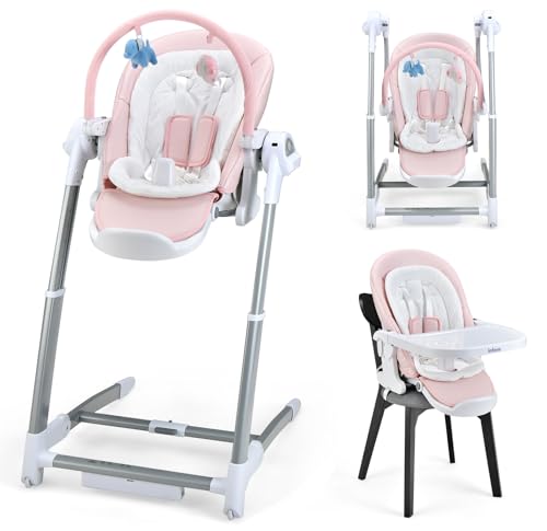 INFANS 3 in 1 Baby High Chair, Electric Baby Swing, Infant Dining Booster Seat with Remote Control Multiple Seat Height Adjustable Backrest, Highchair for Babies and Toddlers (Light Pink)