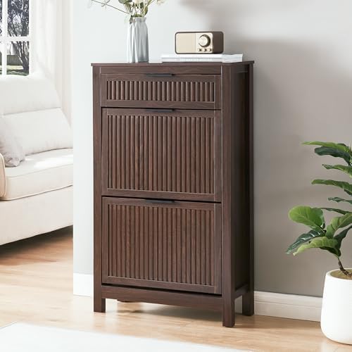 2 Flip Drawers Shoe Cabinet Storage for Entryway, Narrow Hidden Shoes Organizer for Front Door Entrance, Free Standing Shoes Cabinet Wooden Hallway Shoe Rack(Brown)