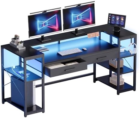 Pamray 58 Inch Computer Desk with Monitor Stand and Shelves Gaming Desk with LED Lights & Power Outlets PC Vanity Table with 2 Drawers for Home Office Black