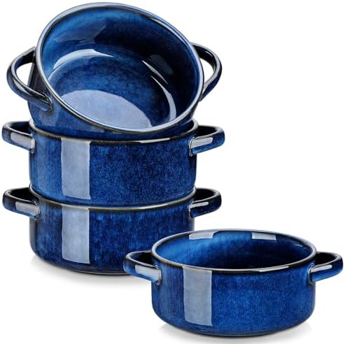 vancasso Starry Soup Bowls with Handles, 30 Oz French Onion Soup Bowls, Oven safe soup bowls for Cereal, Pasta, Chilli, Stew, Large Soup Crocks Set of 4, Blue