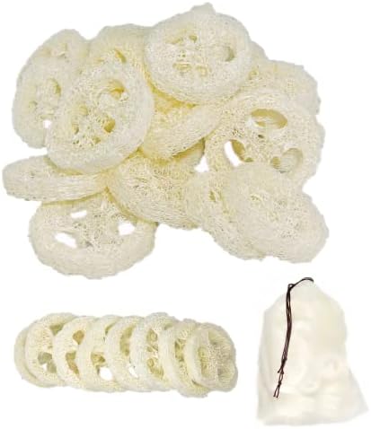 25Pcs Natural Loofah Slices of 2In, Reusable Natural Loofah Cuts for Cleaner Sponge Scrubber, Facial Soap Holder and DIY Customize Soap Tools for Wholesome Skin Care and Exfoliation with 1 Storage Bag