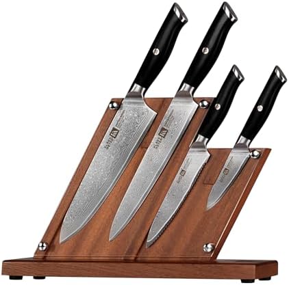 Klaus Meyer 5 Piece Damascus Knife Block Set, 67-Layer High Carbon Damascus Steel, Ultra-Sharp Kitchen Knife Set with Magnetic Wooden Block