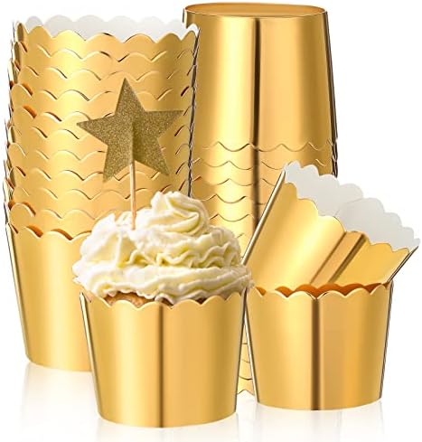 Meanplan 100 Pcs Foil Cupcake Liners Sturdy Muffin Baking Cups Cupcake Wrappers for Christmas Wedding Birthday Party Decoration, 1.97 x 1.77 Inch (Gold)
