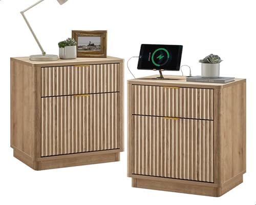 T4TREAM 23'' Fluted Nightstand Set of 2 with Charging Station, Large 2 Drawer Bedside Table, Modern End Table with Storage, Mid Century Night Stand for Bedroom Living Room, Curved Profile, Natural Oak