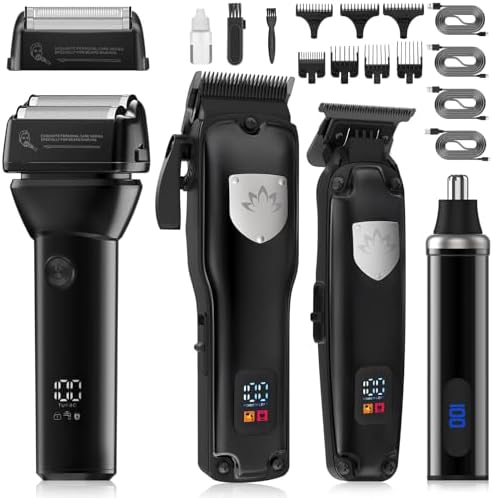 4 in 1 Hair Clippers for Men, Professional T-Blade Trimmer, Electric Foil Shaver, Nose Hair Trimmer, Cordless, LCD Display, Grooming Kit(Black)