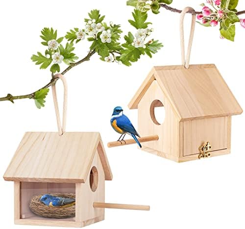 2Pcs Bird Houses for Outside Clearance with Pole, Wood Birdhouse Blue Bird House Birdhouses for Outdoors Hanging Garden Patio Decorative for Swallow Sparrow Hummingbird Finch Throstle