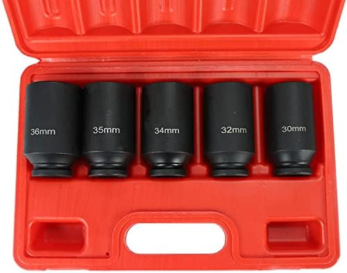 5PCS 1/2-Inch Drive Deep Spindle Axle Nut Impact Socket Set,12 Point Metric, CR-MO, 30mm 32mm 34mm 35mm 36mm