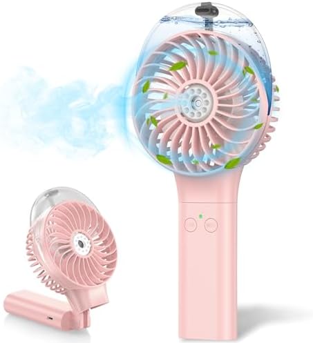 MORECORE Portable Misting Fan, 180° Foldable Handheld Personal Fan with Mist Spray, 3 Adjustable Wind Speeds, USB Rechargeable for Travel Outdoors Makeup Camping Home Office (Pink)