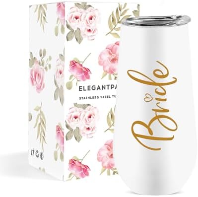ELEGANTPARK Wedding Gifts for Bride Champagne Flutes Tumbler Wedding Engagement Gifts for Bride Wifey Mrs Bridal Party Stainless Steel Cup with Lid White 10 OZ