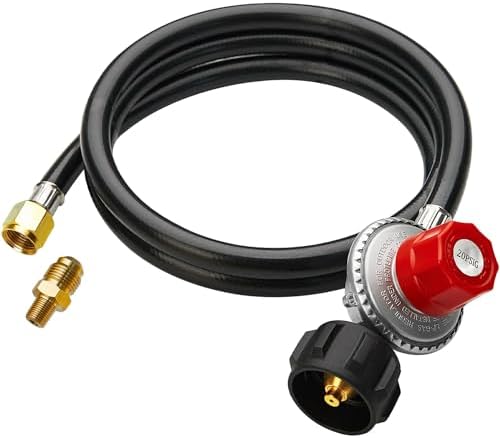 5FT High Pressure Propane Regulator Hose, 0~20PSI Adjustable Propane Tank Regulator, QCC1 & 3/8” Female, Fit for Turkey Fryer，Fish Fryer，Propane Burner，Fire Pit, Forge, and More