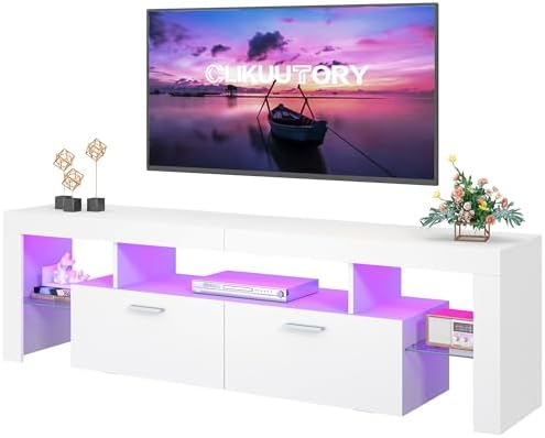 Clikuutory Modern Lighting 63 inch TV Stand with Large Storage Drawer for 50 55 60 65 70 75 Inch TVs, TV Console with 20 Color LED Lights, Entertainment Center Media and Open Shelf for Bedroom, White
