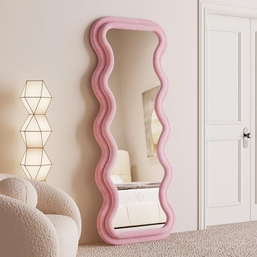 BOJOY Full Length Mirror 63"x24", Irregular Wavy Mirror, Arched Floor Mirror, Wall Mirror Standing Hanging or Leaning Against Wall for Bedroom, Flannel Wrapped Wooden Frame Mirror -Pink