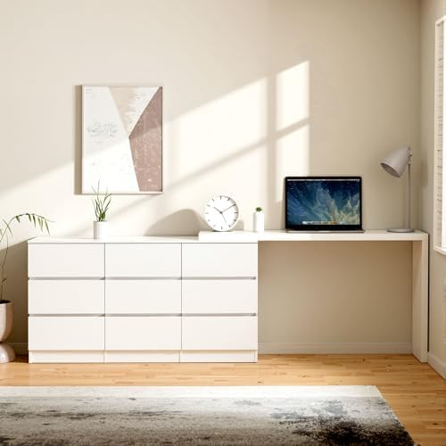 9 Drawer Dresser with Extendable Table, L-Shaped Desk & Vanity Combo, White MDF Dresser with Deep Storage, Large Modern Chest of Drawers for Bedroom